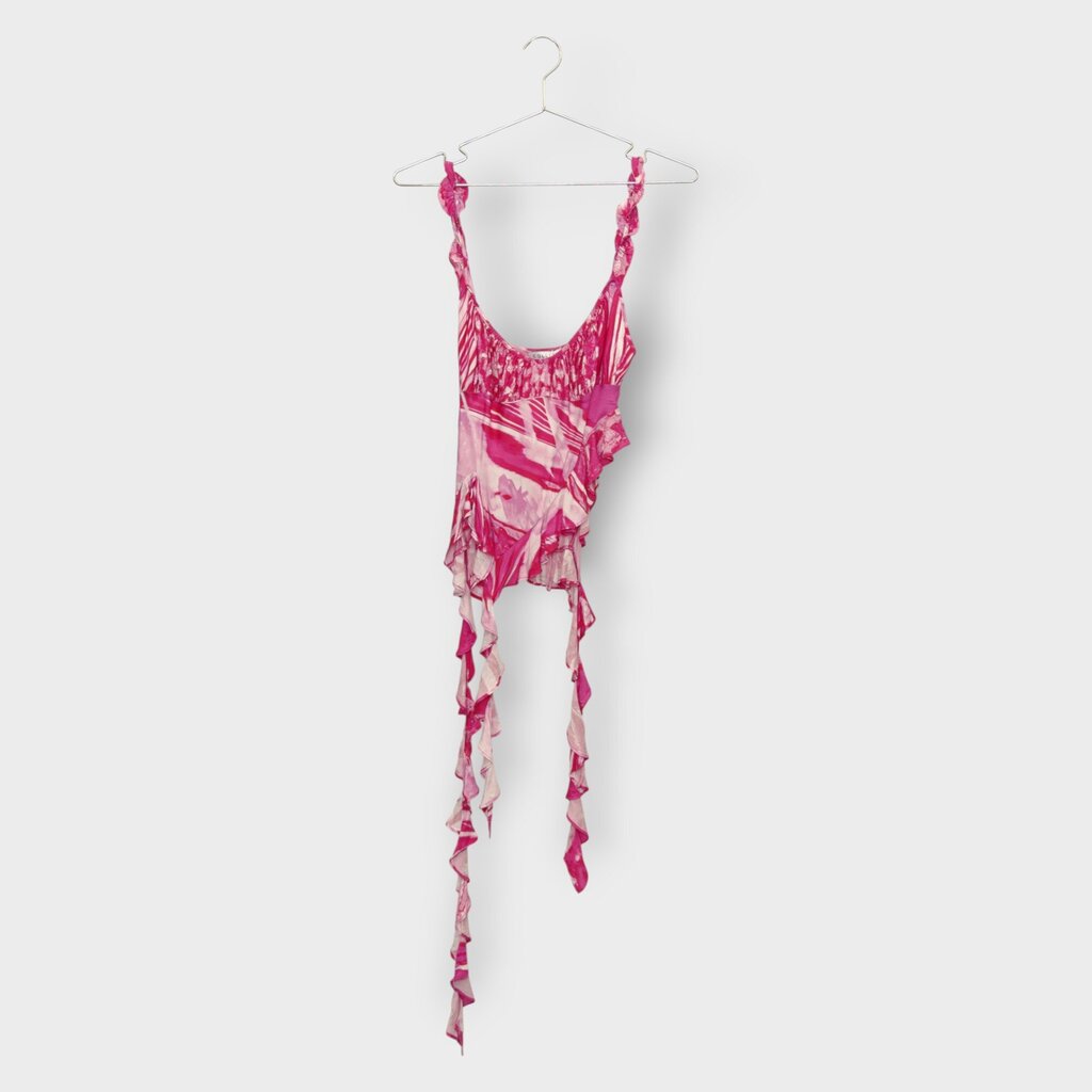 Patterned Ruched Ruffle Tie Cami