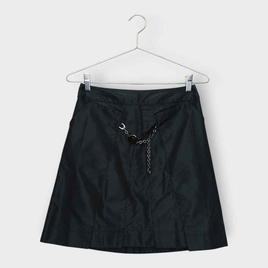 Black Silk Blend & Metal Logo Chain Midi Skirt