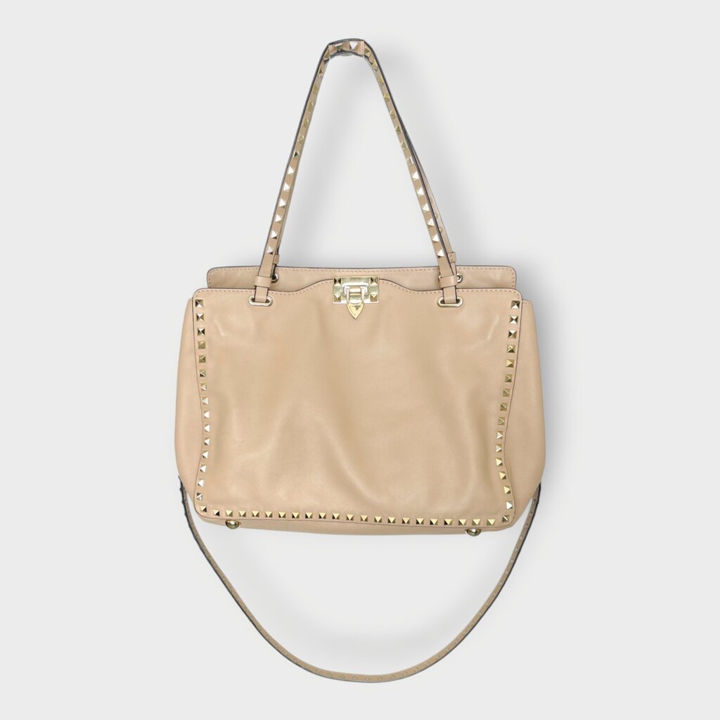 Beige Pink Leather Rockstud Slouch Bag