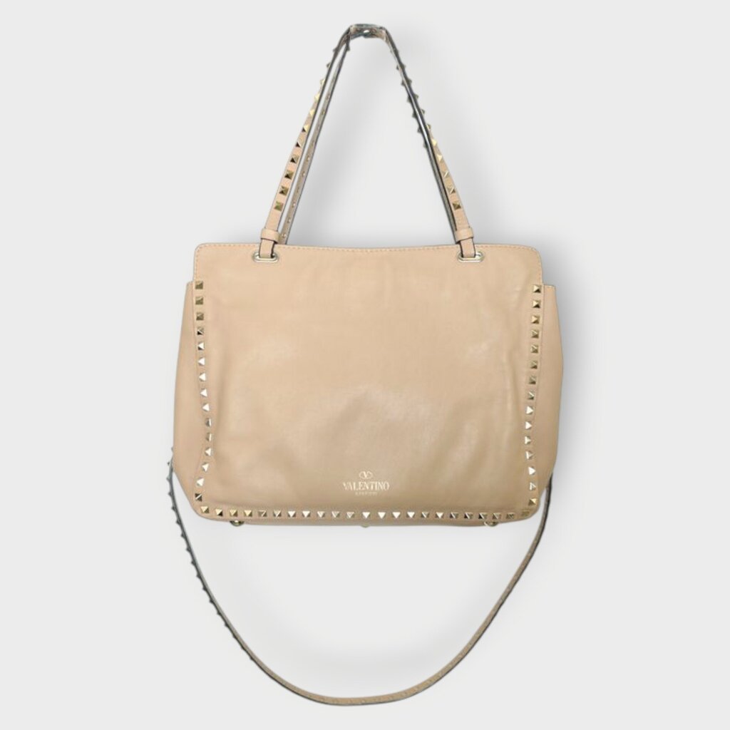 Beige Pink Leather Rockstud Slouch Bag