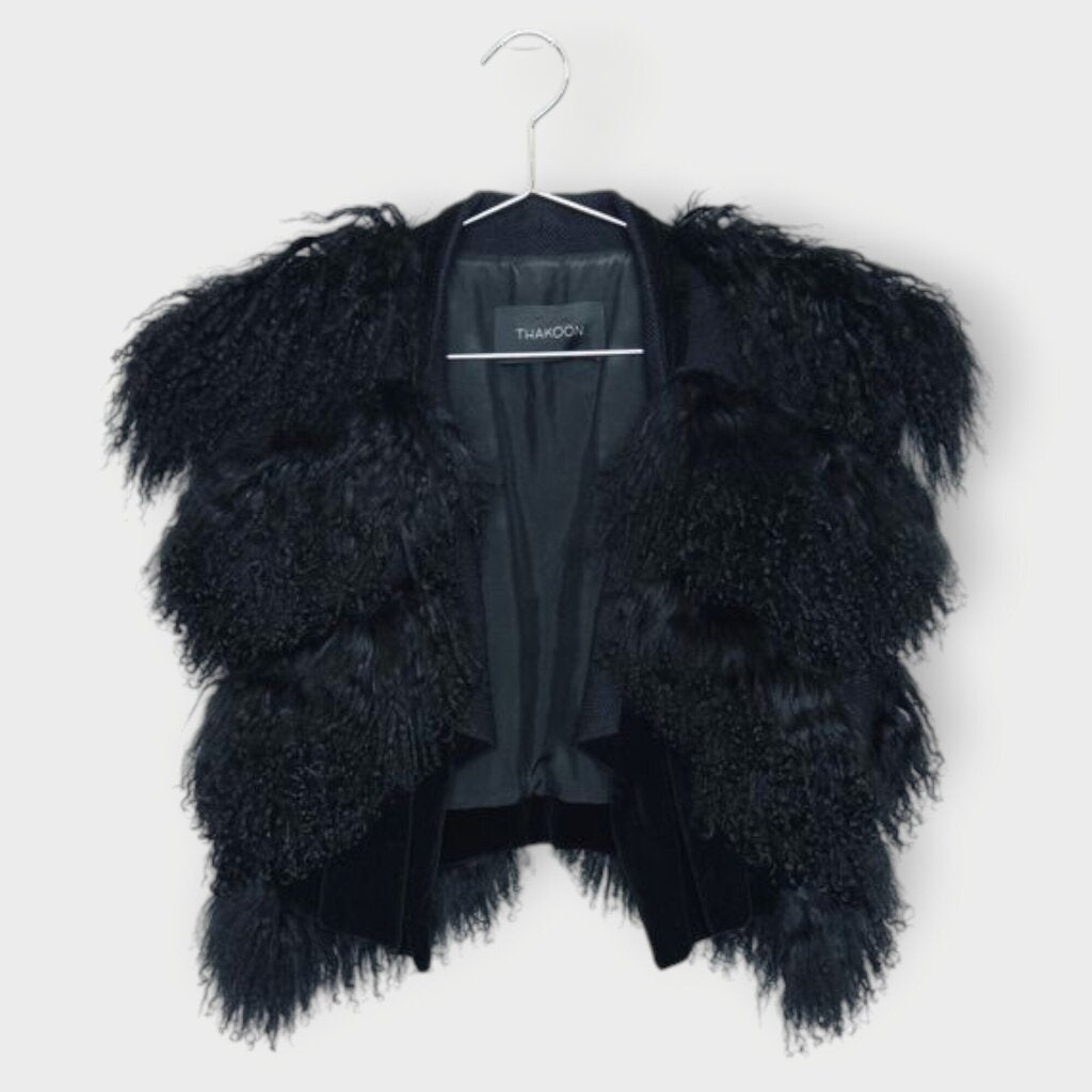 Black Mongolian Wool Crop Open Vest