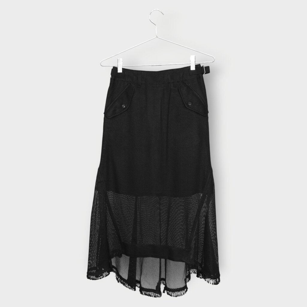 Asymmetric Mesh Belted Midi Skirt