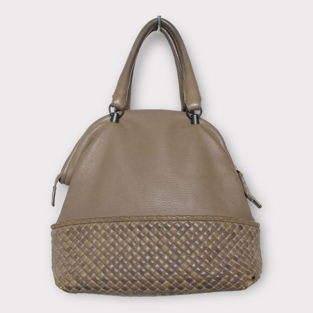 Grey Leather Woven Bowling Bag