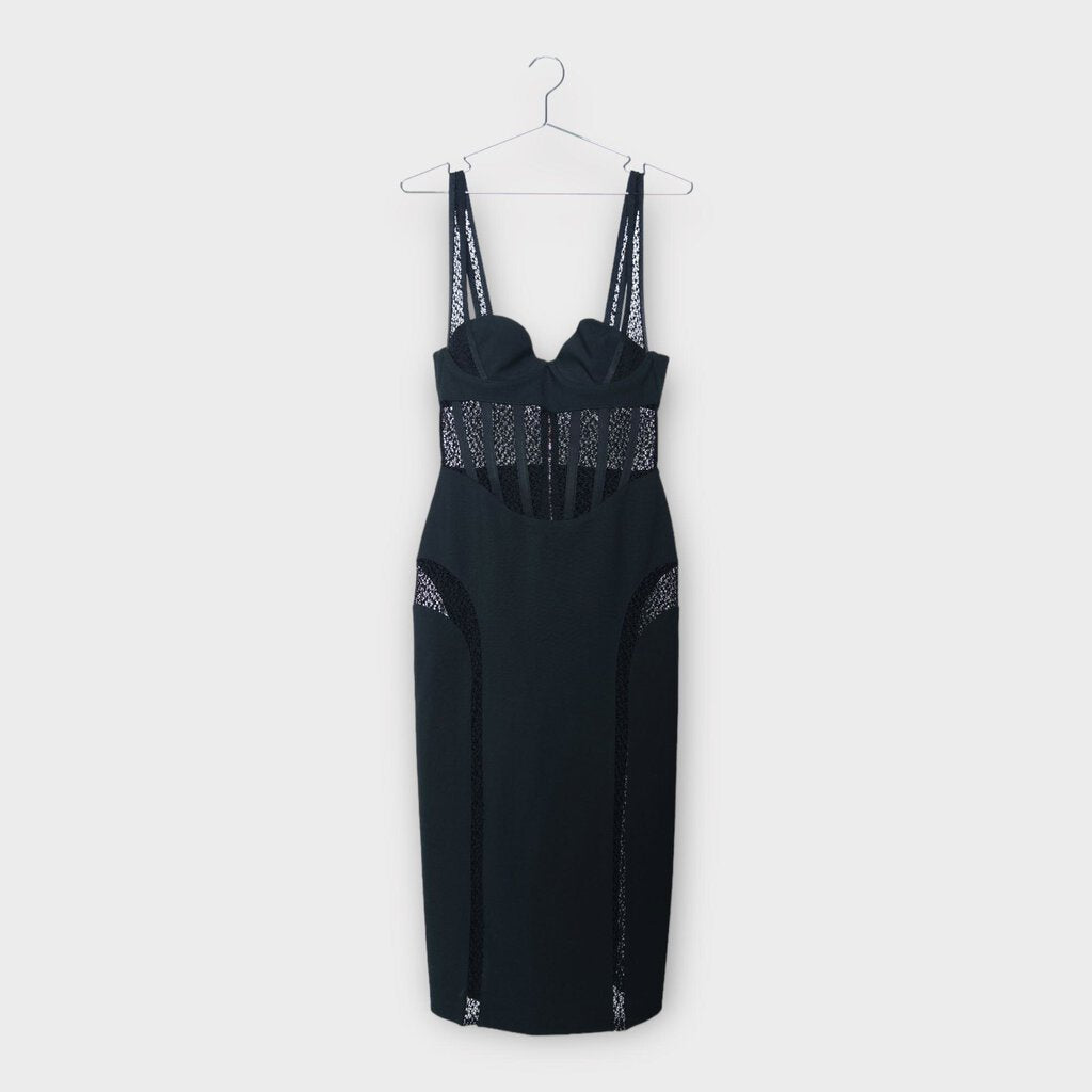 Black Lace Insert Corset Midi Dress