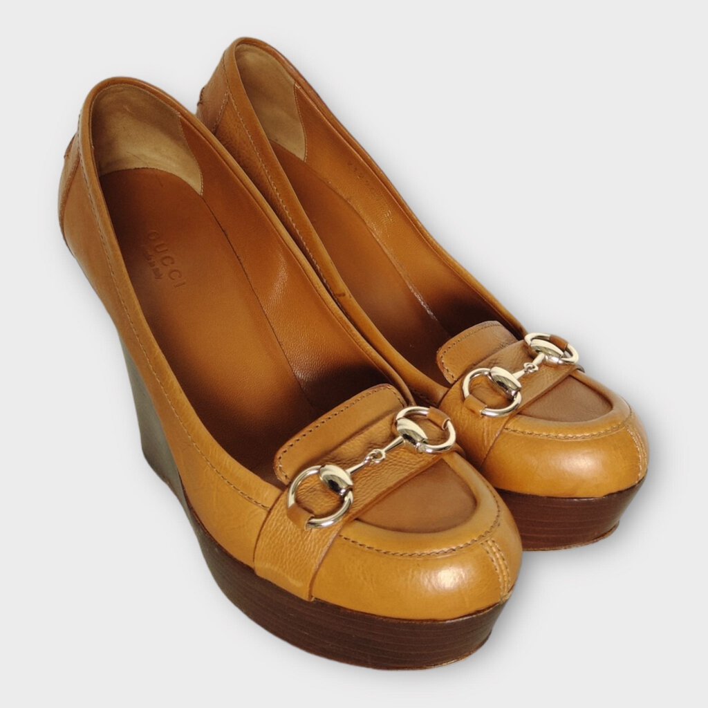 AS IS Tan Brown Leather Horsebit Wooden Wedge (Italy)