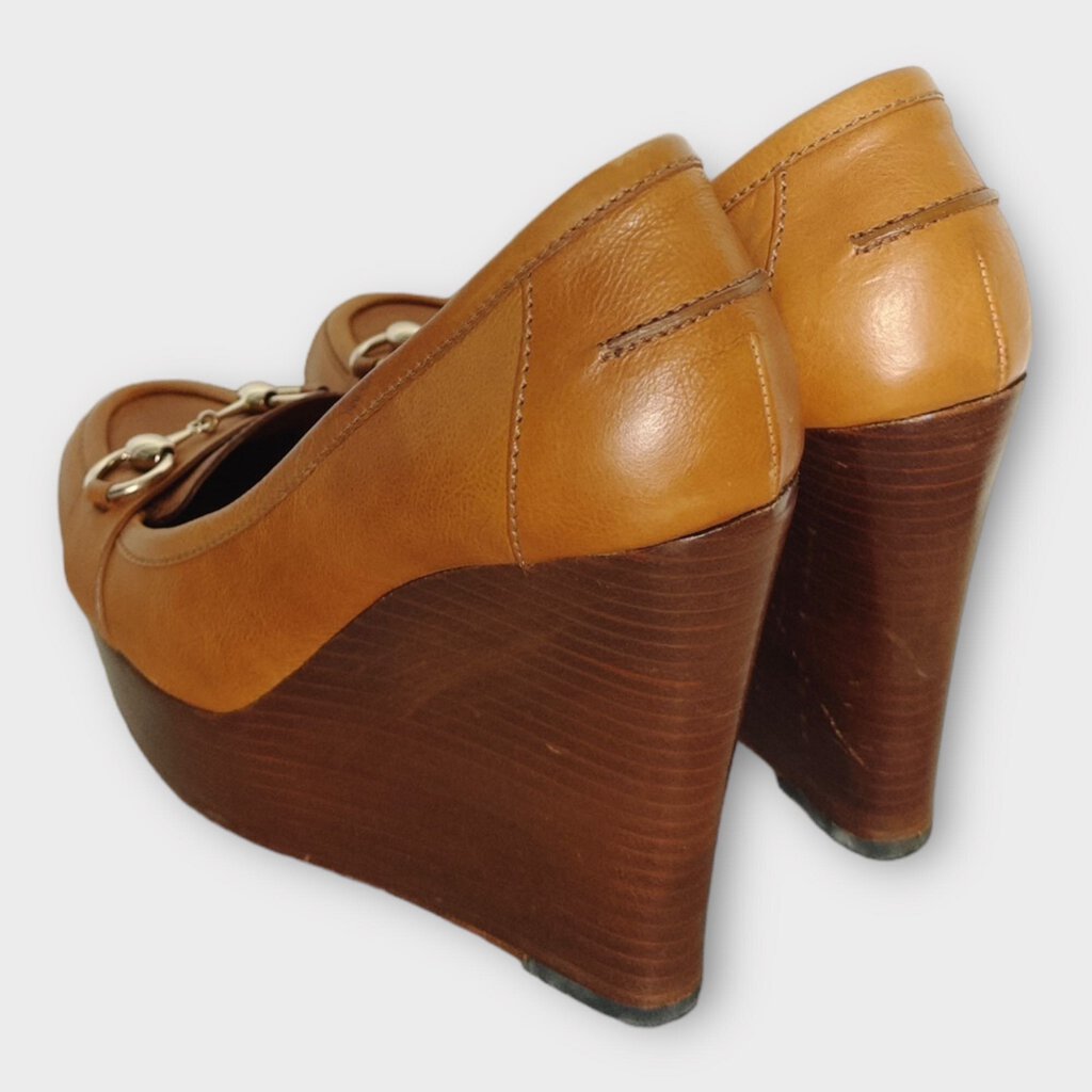 AS IS Tan Brown Leather Horsebit Wooden Wedge (Italy)