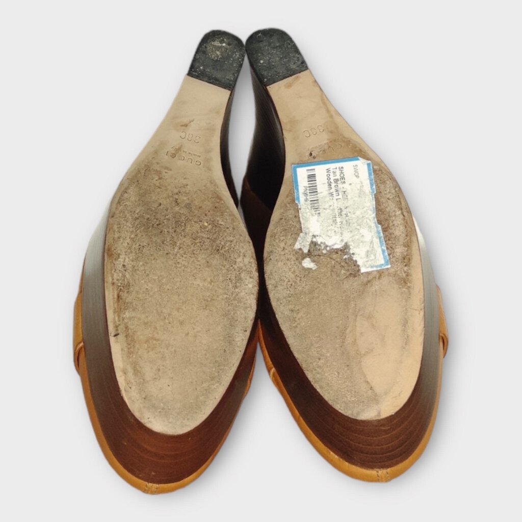 AS IS Tan Brown Leather Horsebit Wooden Wedge (Italy)