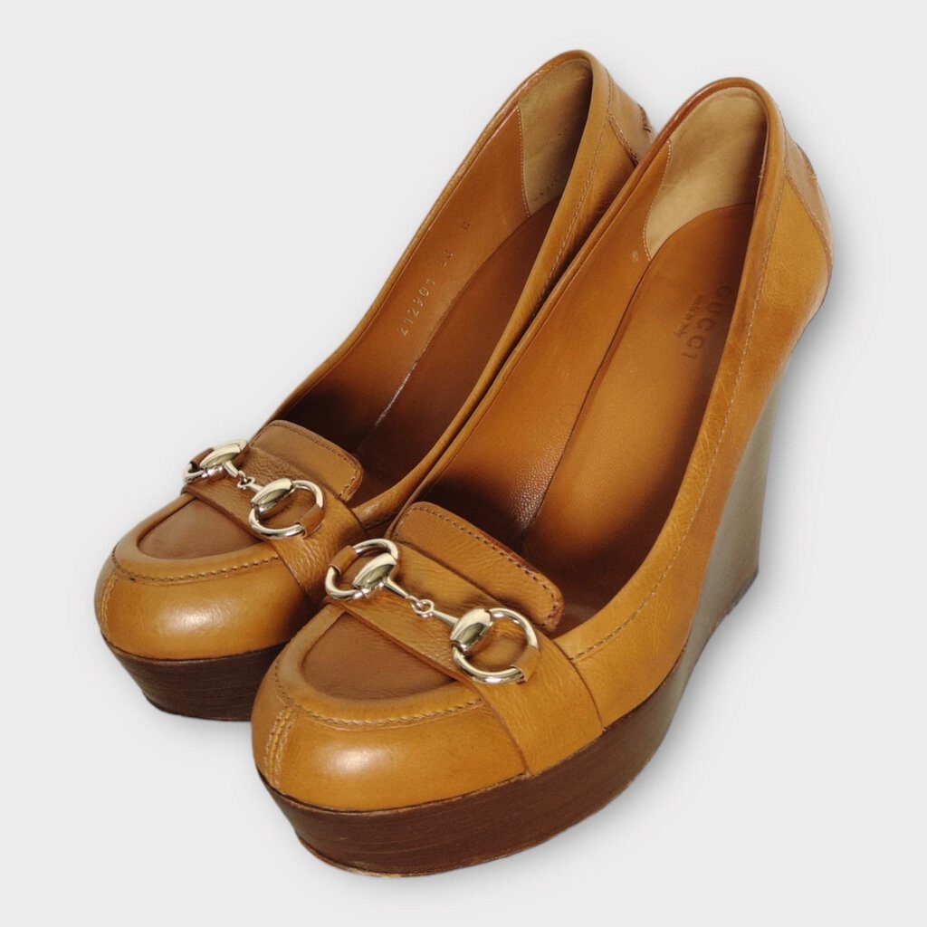 AS IS Tan Brown Leather Horsebit Wooden Wedge (Italy)