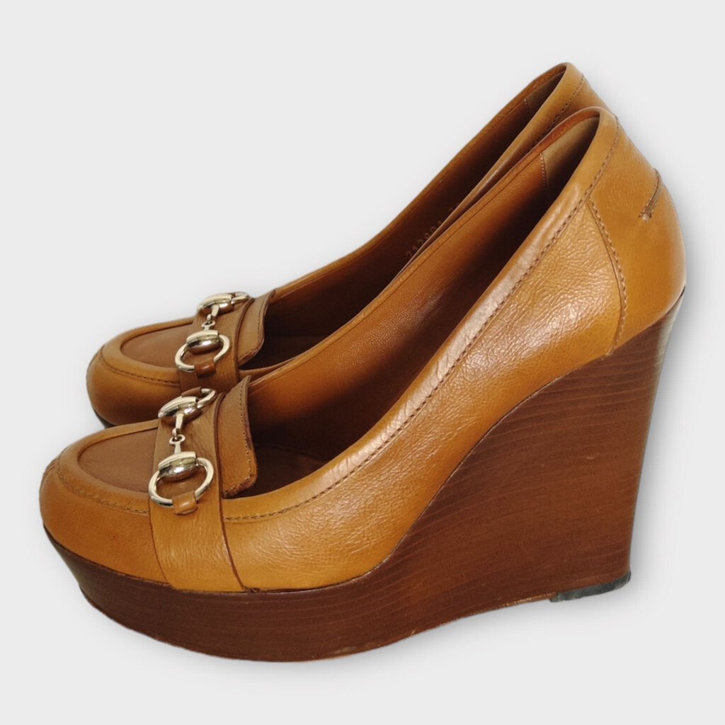 AS IS Tan Brown Leather Horsebit Wooden Wedge (Italy)
