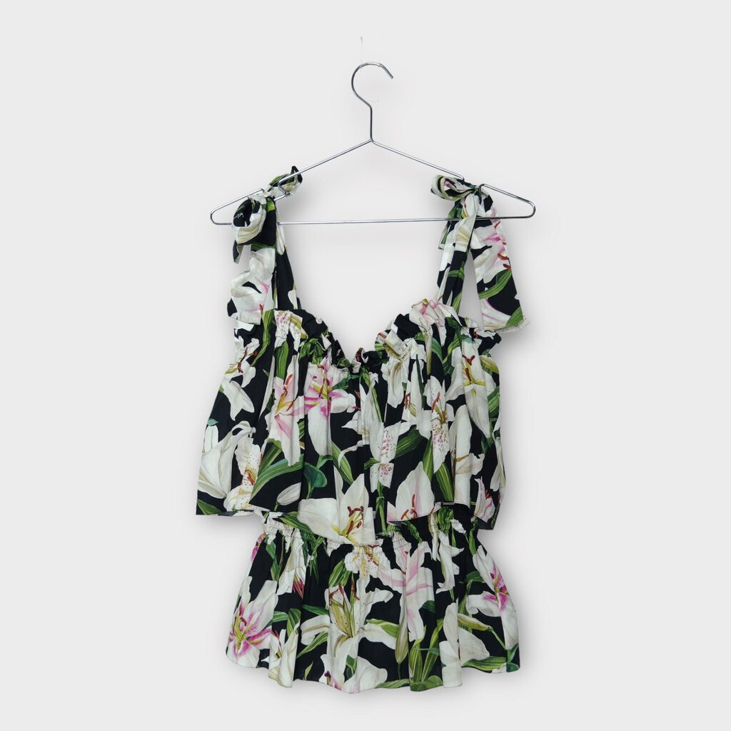 Dolce & Gabbana Black White Lily Print Elastic Neckline Ruffle Top