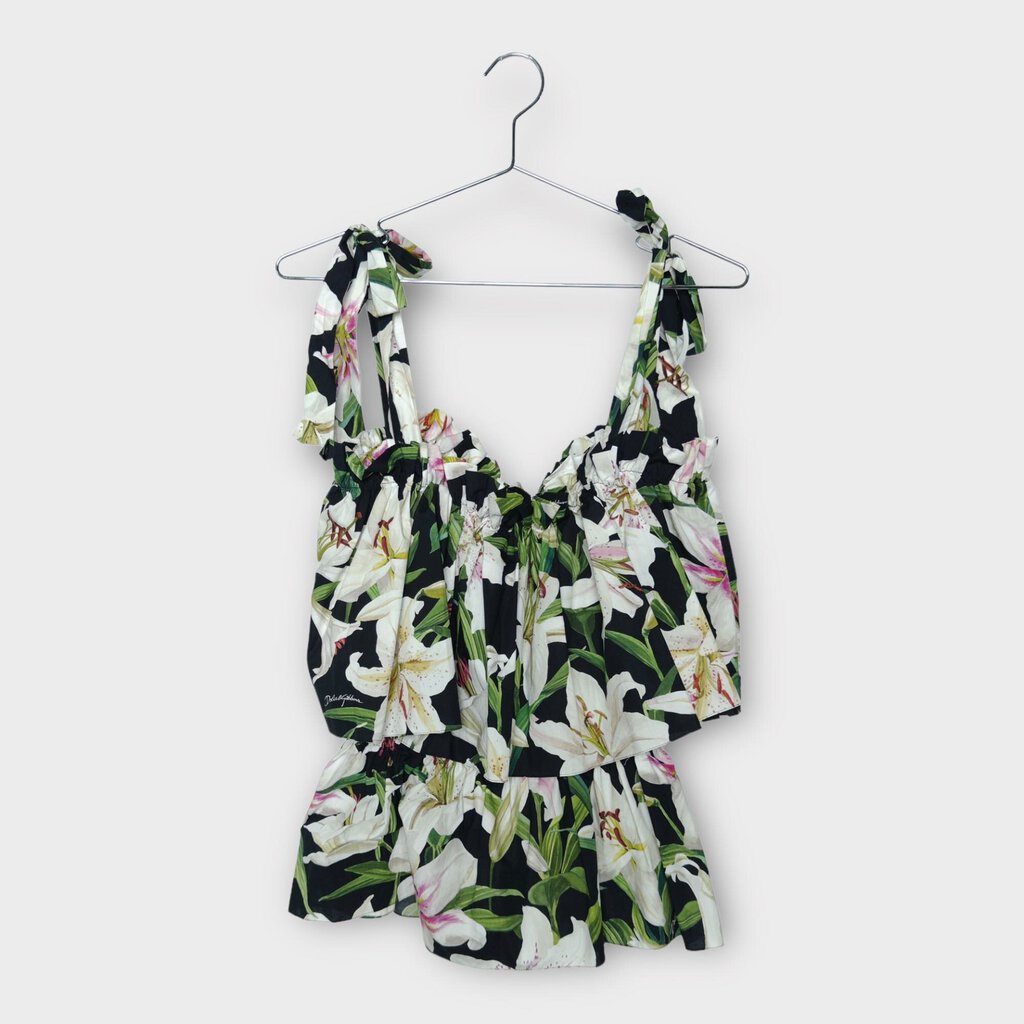 Dolce & Gabbana Black White Lily Print Elastic Neckline Ruffle Top
