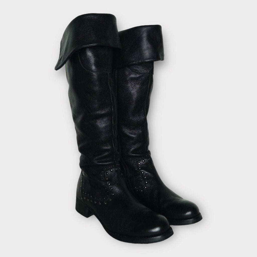 Black Leather Knee High Studded Boot