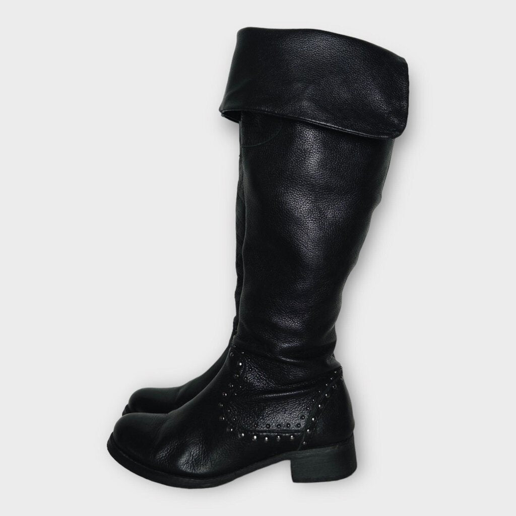 Black Leather Knee High Studded Boot