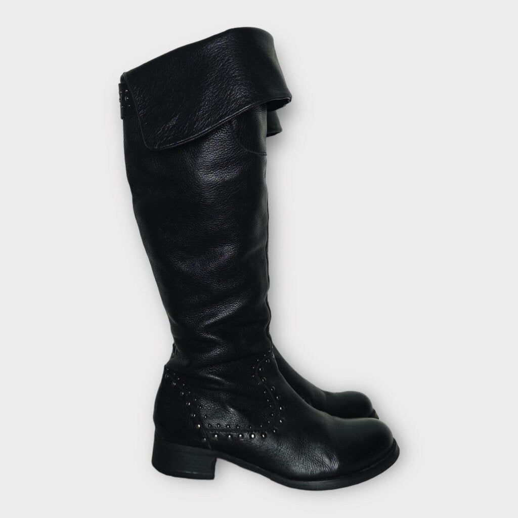 Black Leather Knee High Studded Boot