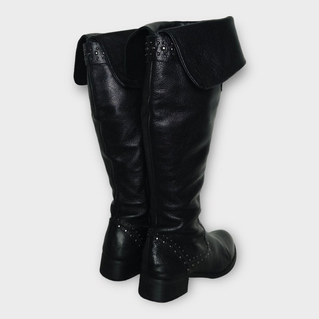 Black Leather Knee High Studded Boot