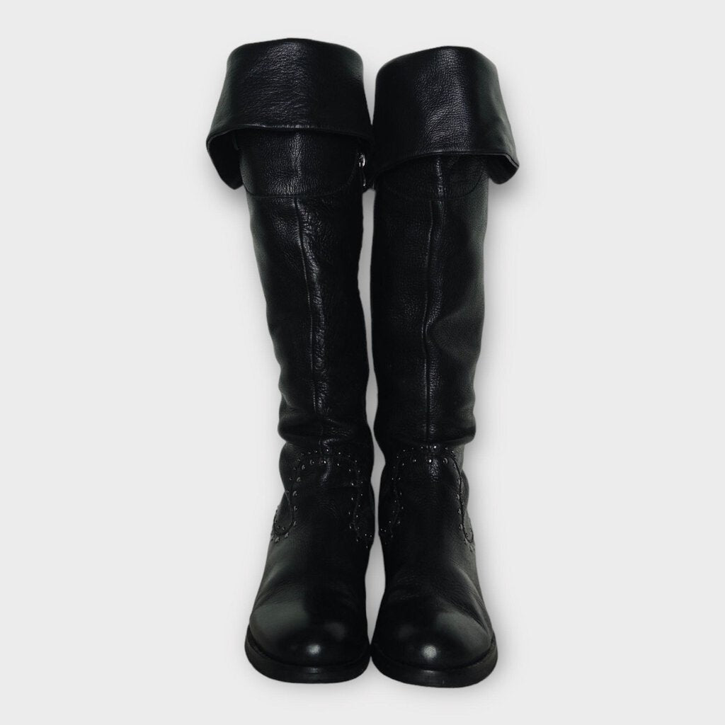 Black Leather Knee High Studded Boot