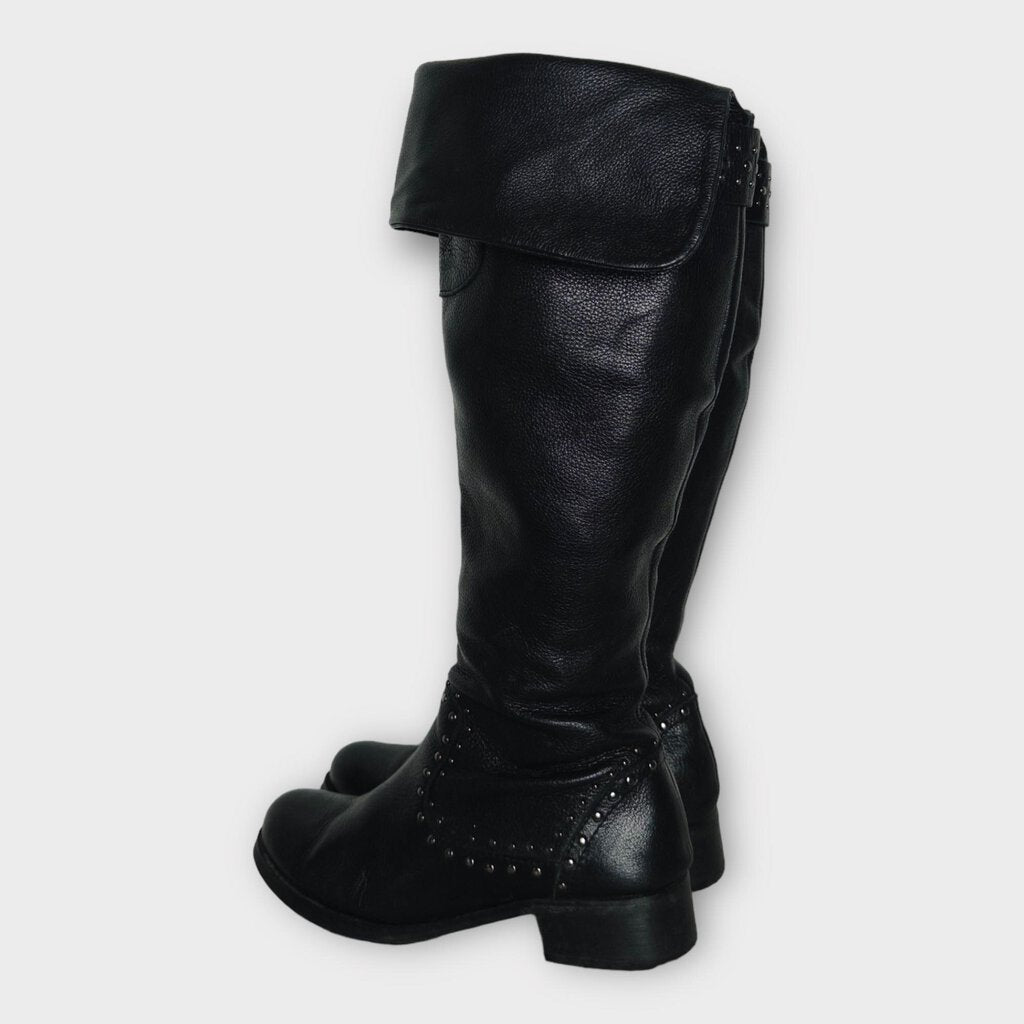 Black Leather Knee High Studded Boot