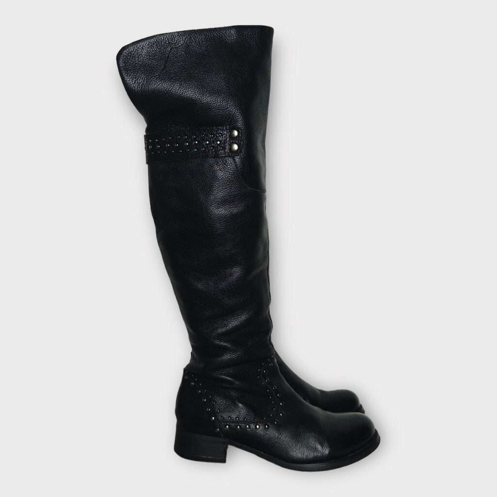 Black Leather Knee High Studded Boot