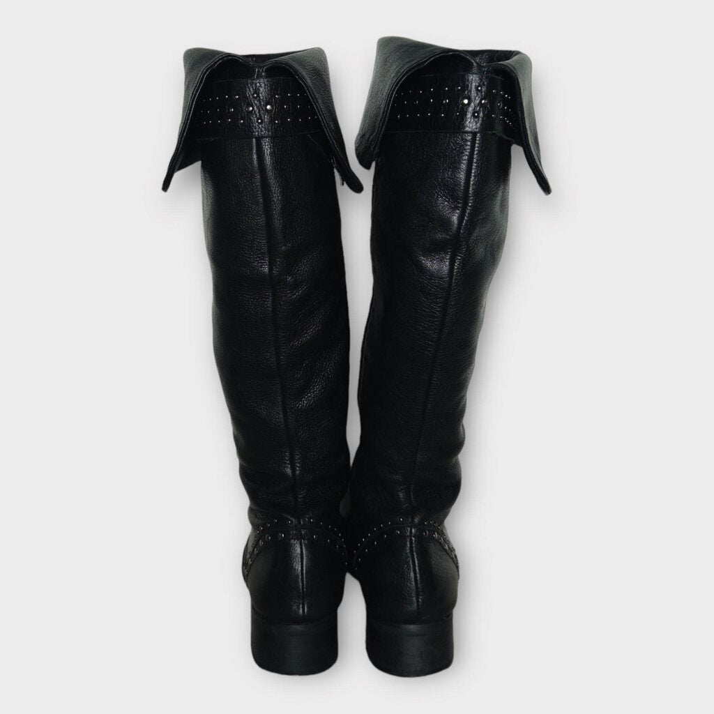 Black Leather Knee High Studded Boot