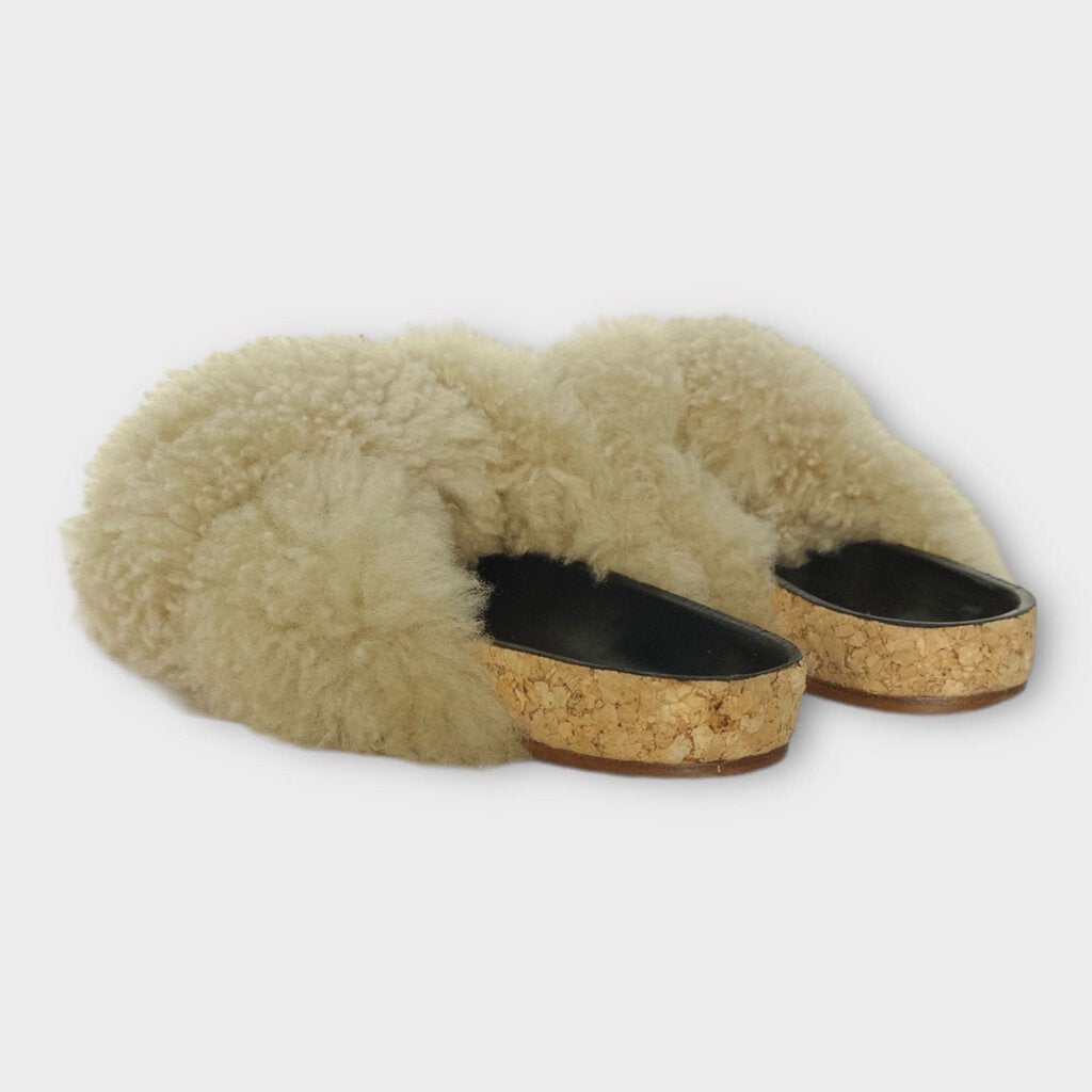 Cream Shearling Strappy Slides