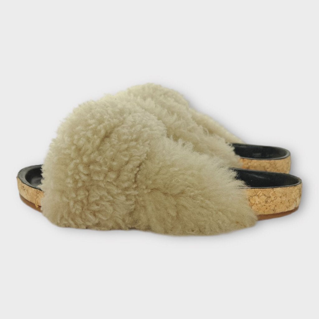 Cream Shearling Strappy Slides
