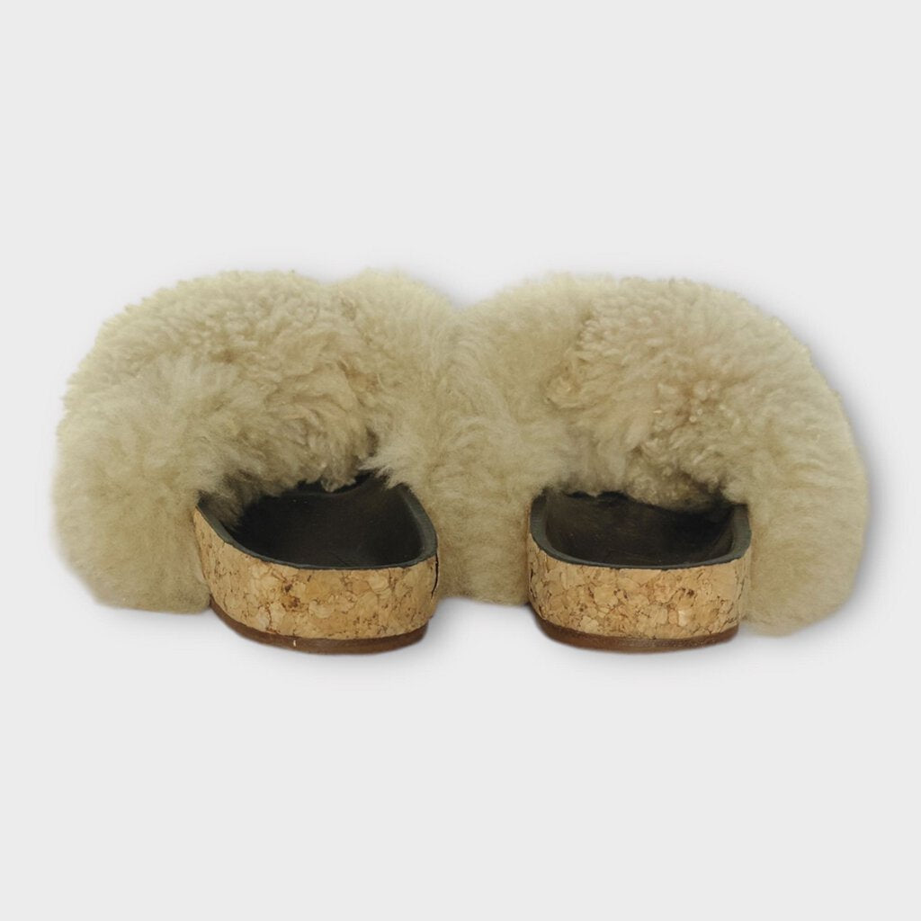 Cream Shearling Strappy Slides