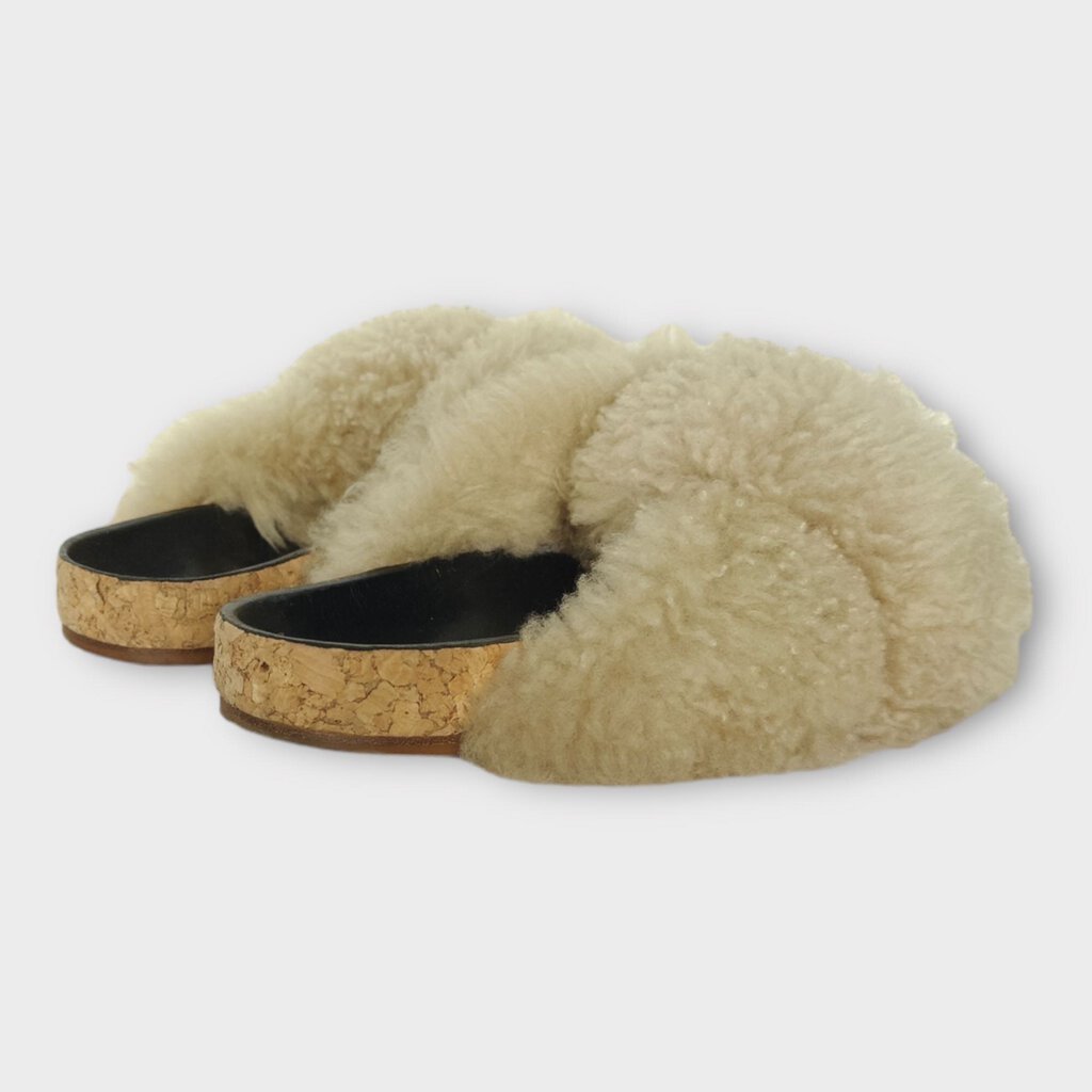 Cream Shearling Strappy Slides