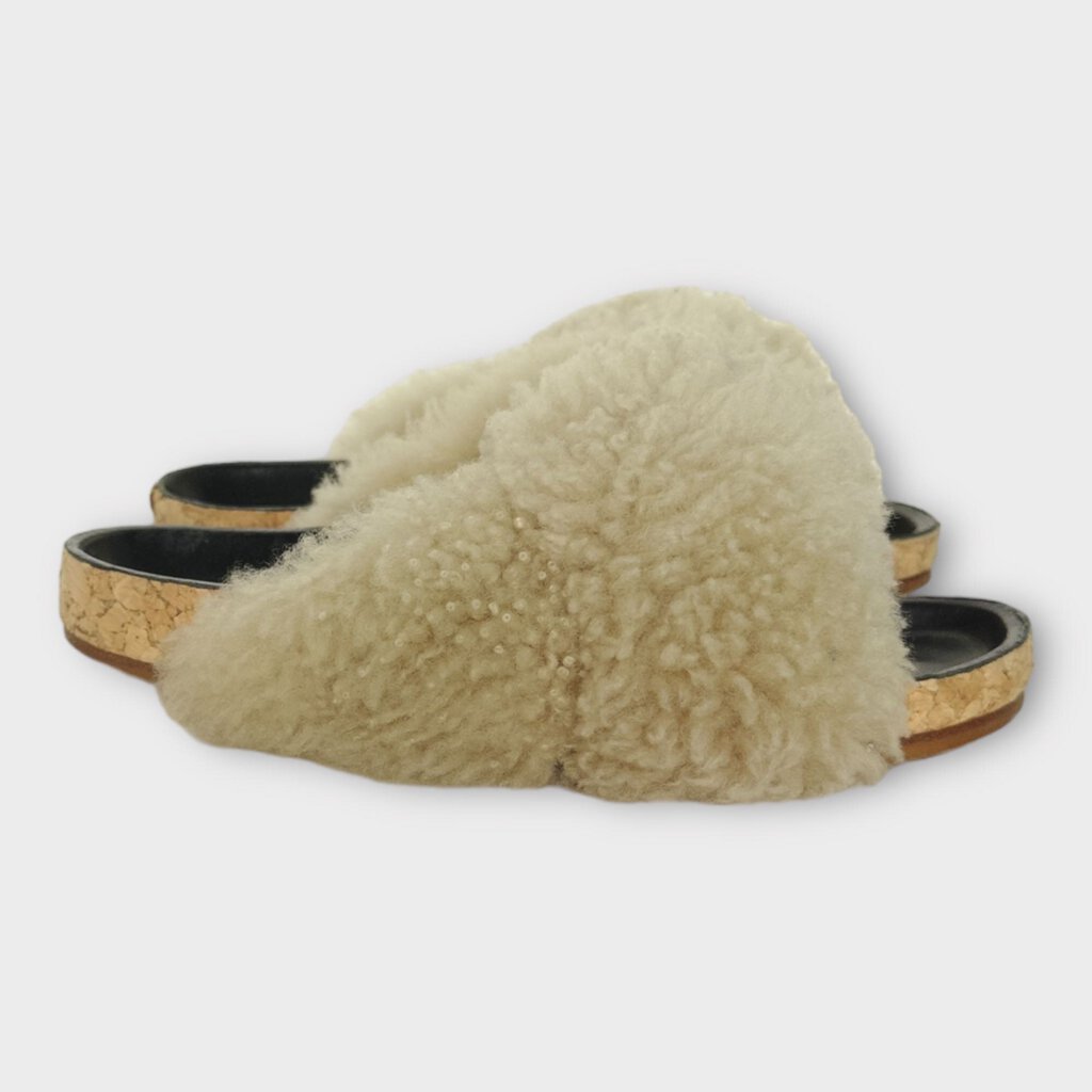 Cream Shearling Strappy Slides