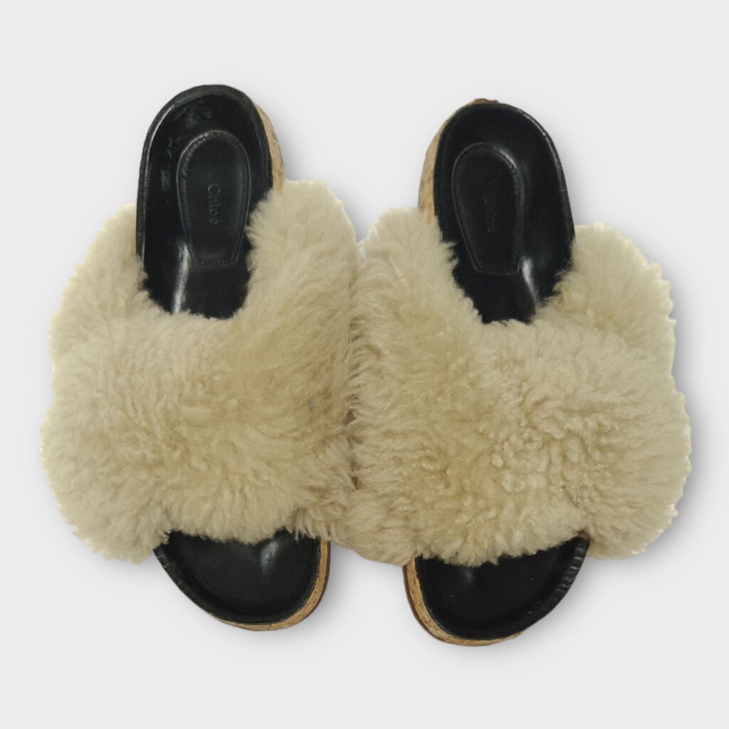 Cream Shearling Strappy Slides