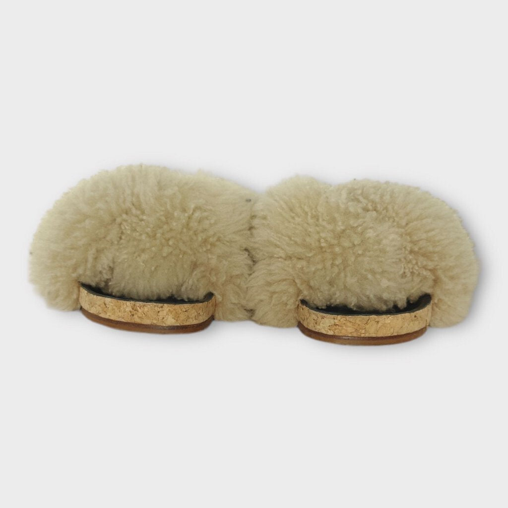 Cream Shearling Strappy Slides
