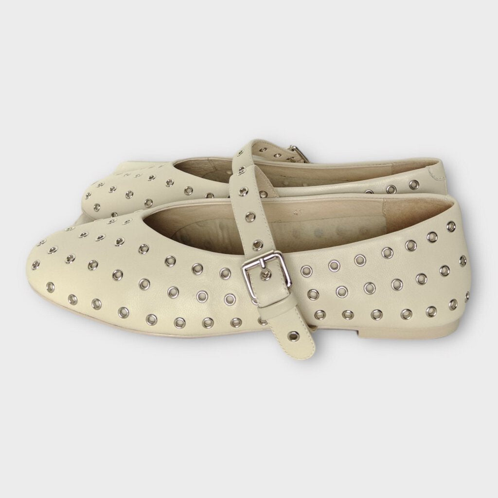 Beige Leather Silver Eyelet Mary Jane Pierre Flat