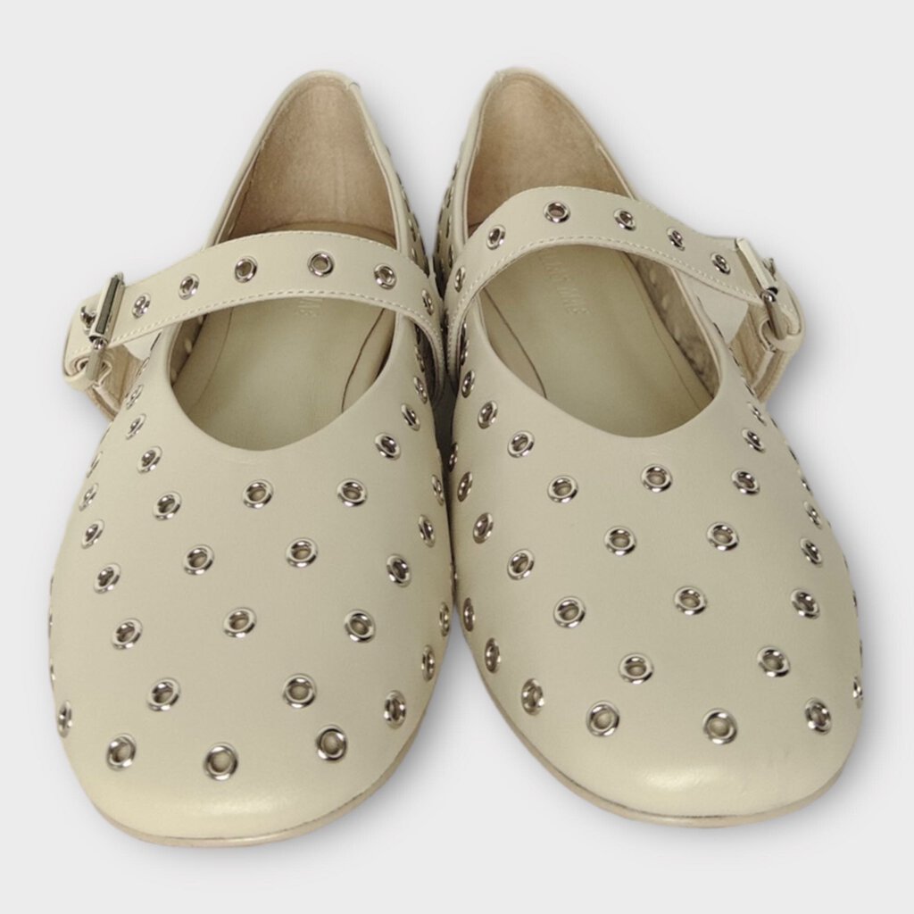 Beige Leather Silver Eyelet Mary Jane Pierre Flat