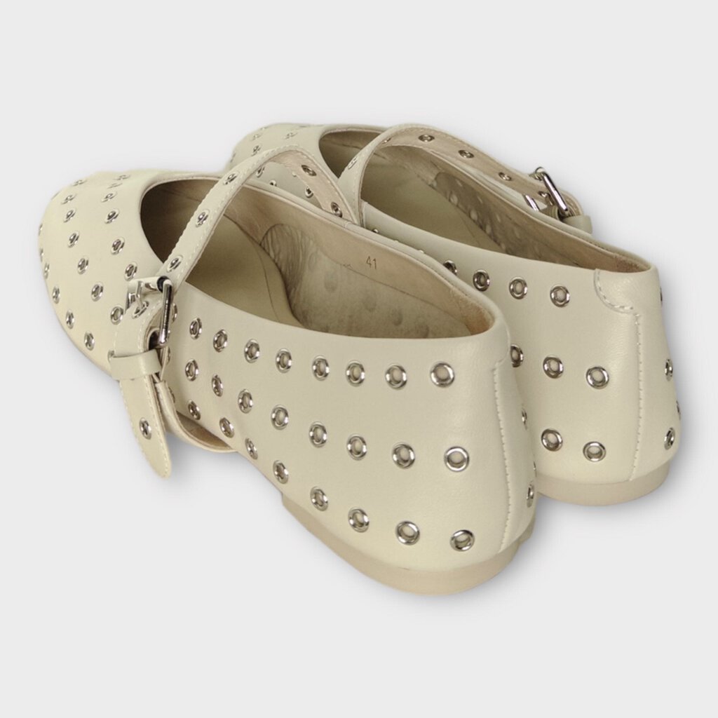 Beige Leather Silver Eyelet Mary Jane Pierre Flat