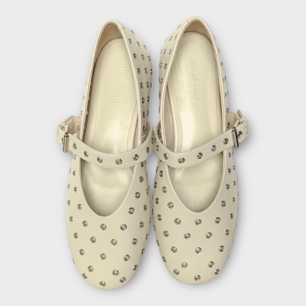 Beige Leather Silver Eyelet Mary Jane Pierre Flat