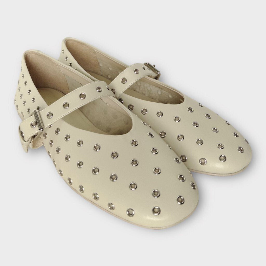 Beige Leather Silver Eyelet Mary Jane Pierre Flat