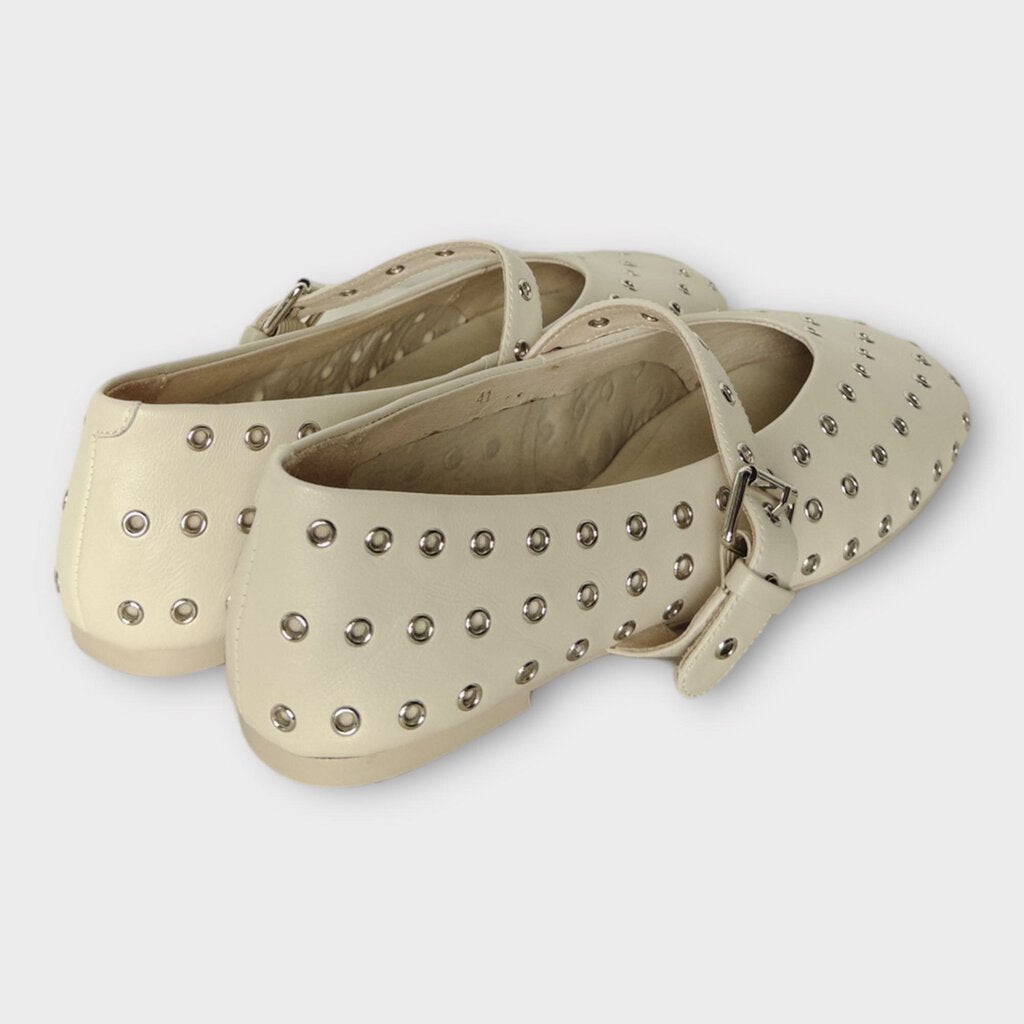 Beige Leather Silver Eyelet Mary Jane Pierre Flat