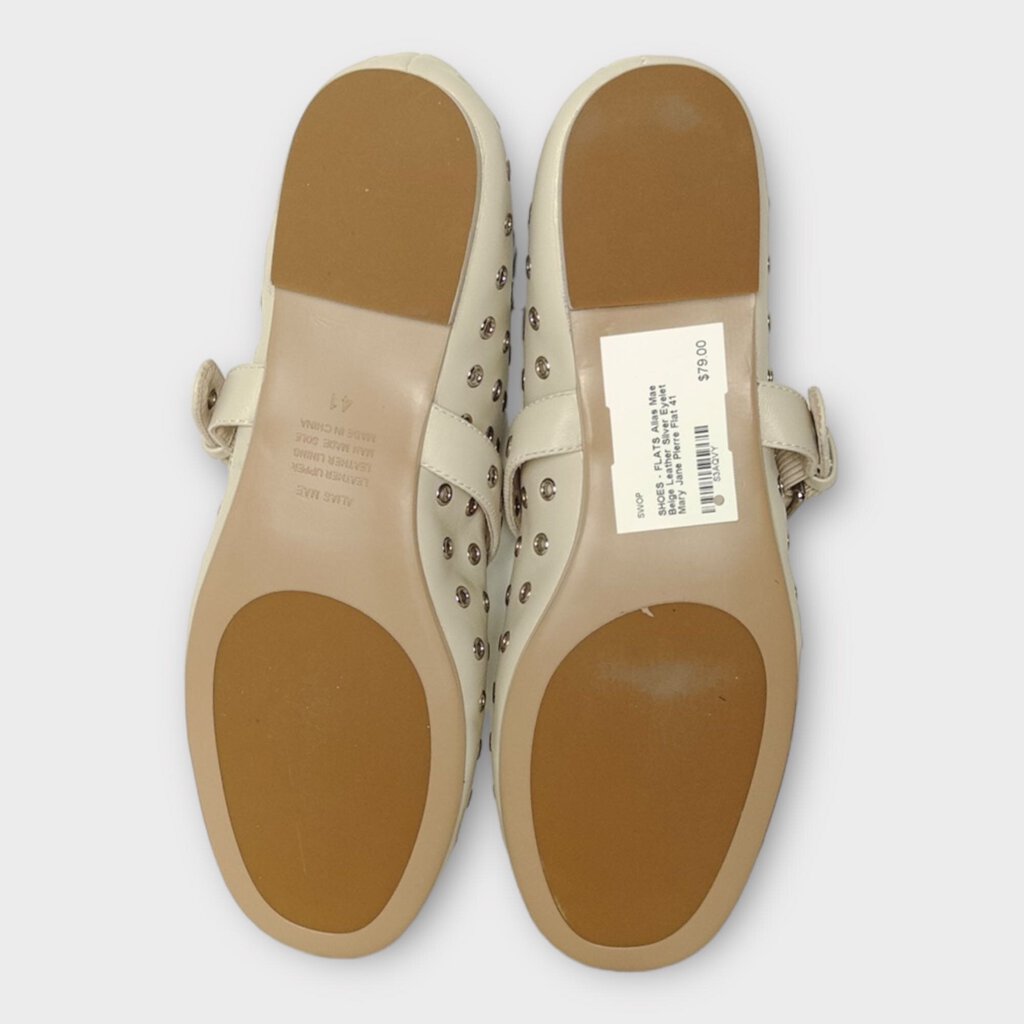 Beige Leather Silver Eyelet Mary Jane Pierre Flat