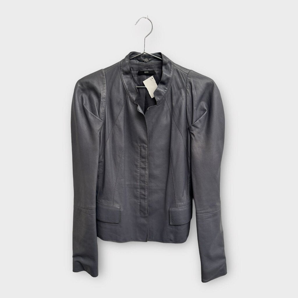 Blue Leather Puff Sleeve Jacket