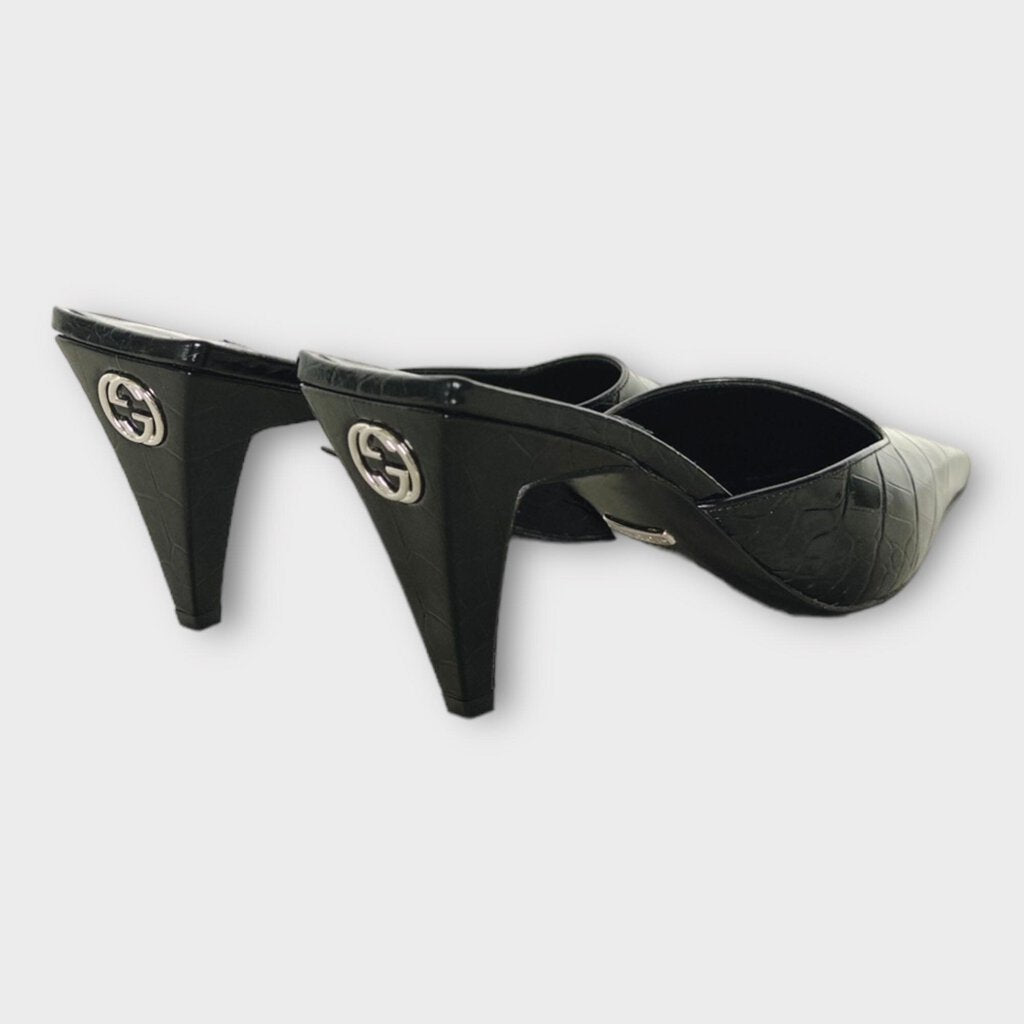 Gucci Black Croc Embossed Pointed Mule Heel