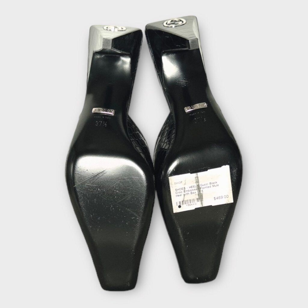 Gucci Black Croc Embossed Pointed Mule Heel