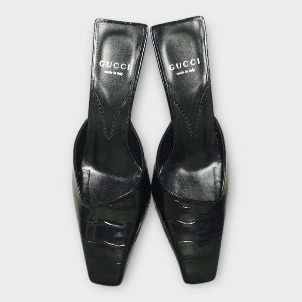 Gucci Black Croc Embossed Pointed Mule Heel