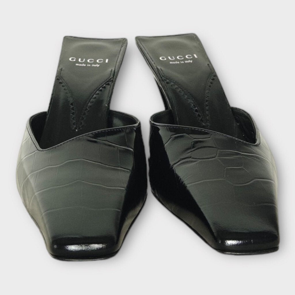 Gucci Black Croc Embossed Pointed Mule Heel