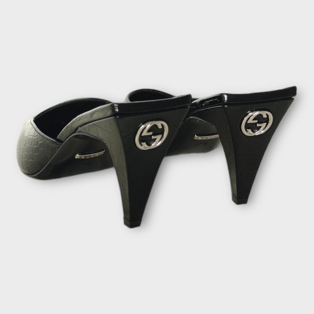 Gucci Black Croc Embossed Pointed Mule Heel