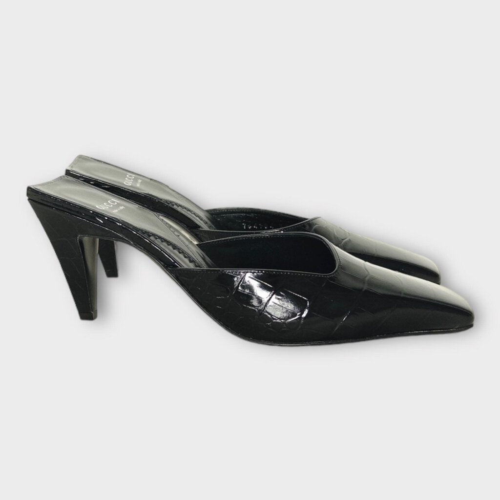 Gucci Black Croc Embossed Pointed Mule Heel