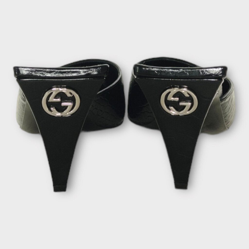 Gucci Black Croc Embossed Pointed Mule Heel
