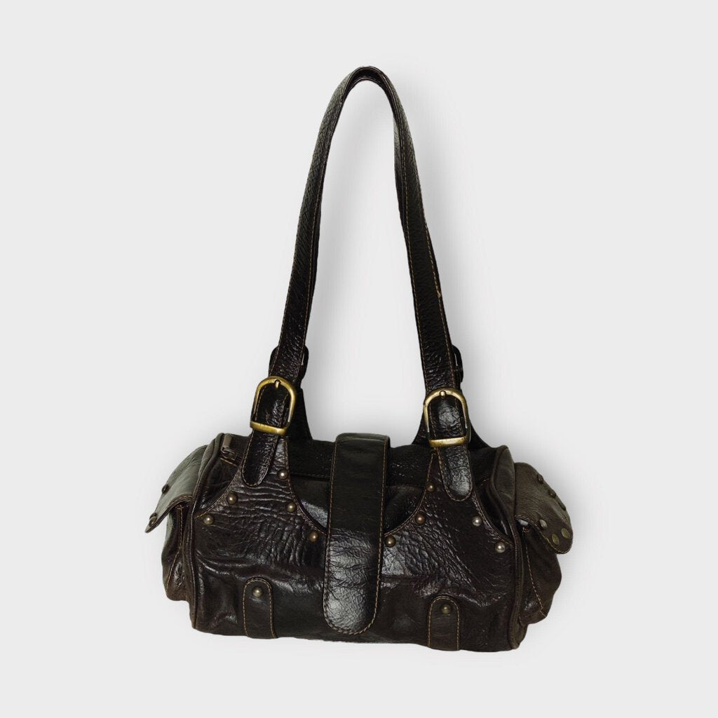 Brown Baguette Studded Shoulder Bag