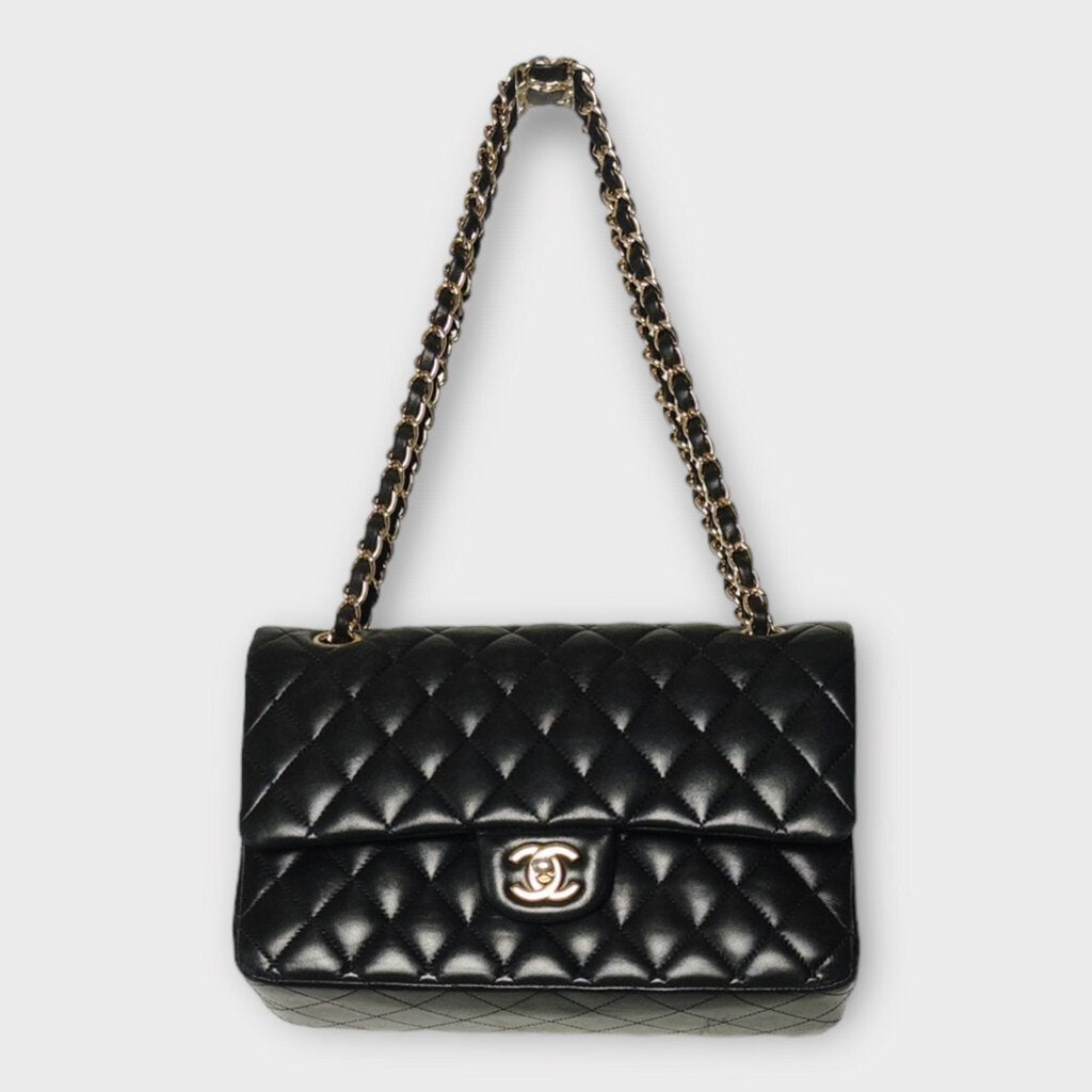 Black Leather Matelasse Double Flap Bag