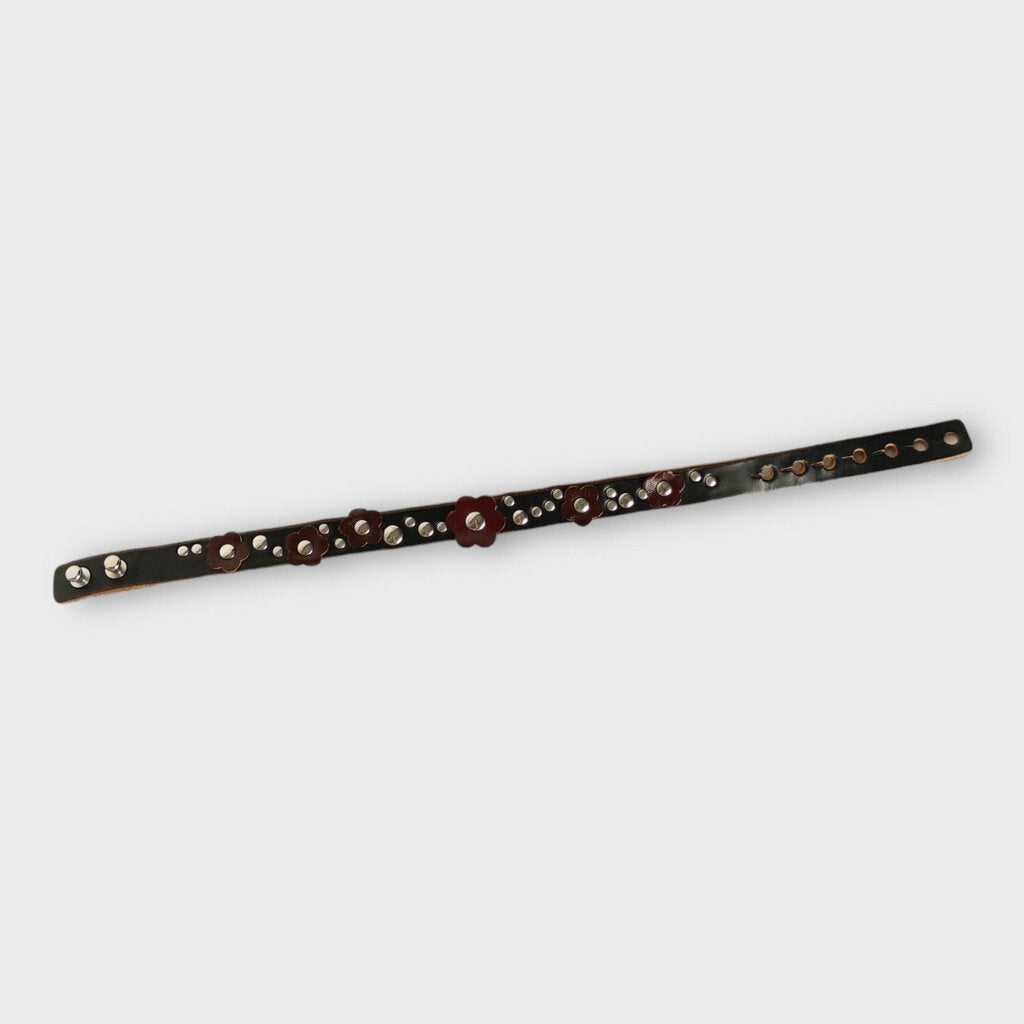 Black & Maroon Leather Flower Choker with Dust Bag