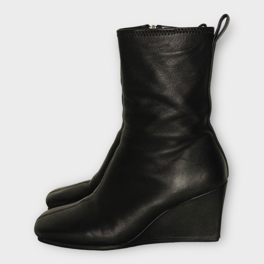 Black Leather Square Toe Wedge Boot