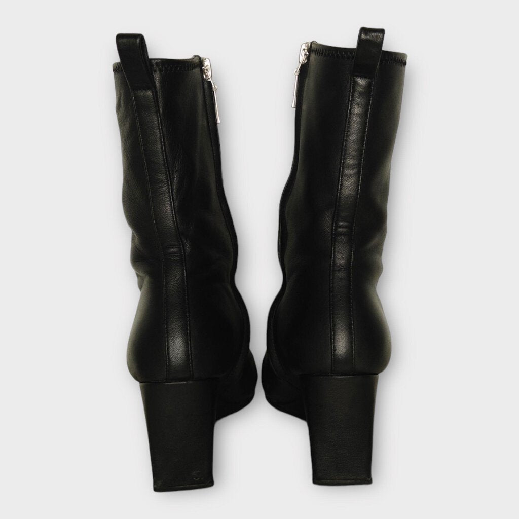 Black Leather Square Toe Wedge Boot